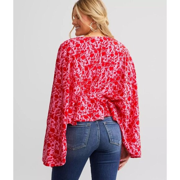 Band Of The Free Pink Red Pheasant XS/S Shirt Blouse Wing Floral Ruffle Boho Top - Picture 5 of 5